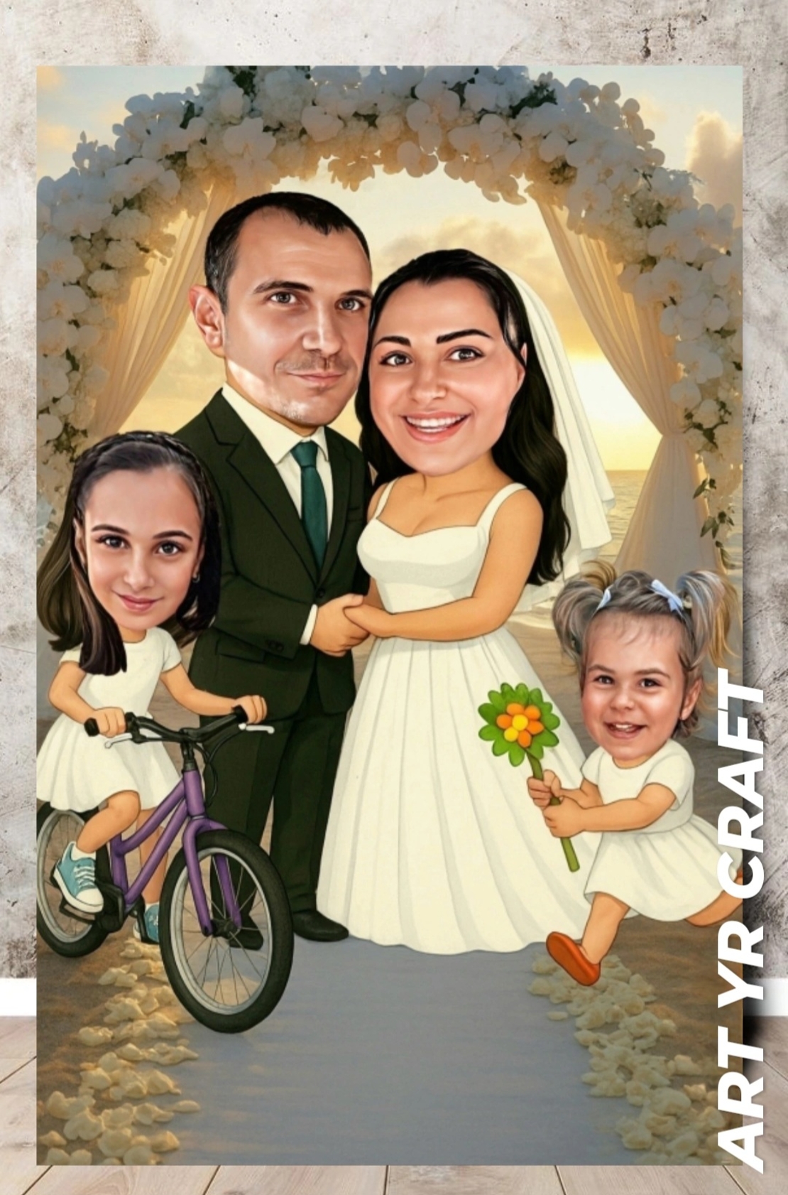 💍 Персонализирана семейна карикатура „Сватбен момент“ – уникален подарък за младоженци и семейства 👨‍👩‍👧‍👧✨