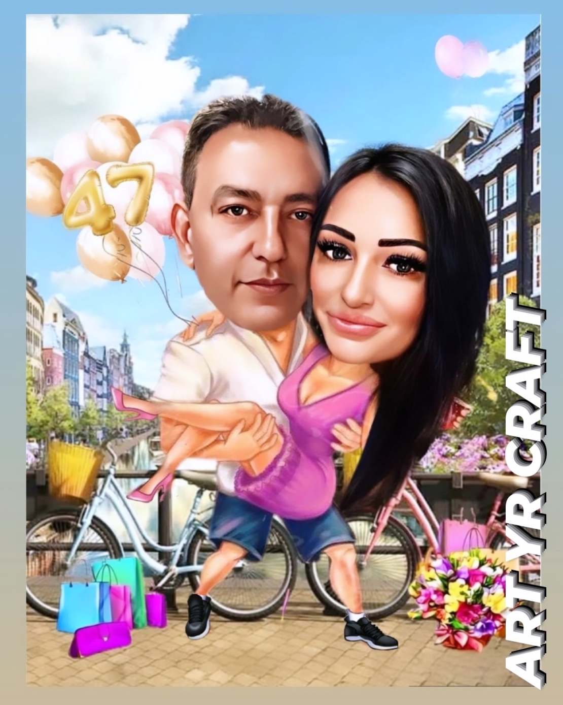 💑 Персонализирана карикатура за двойка – Любов, усмивки и балони!