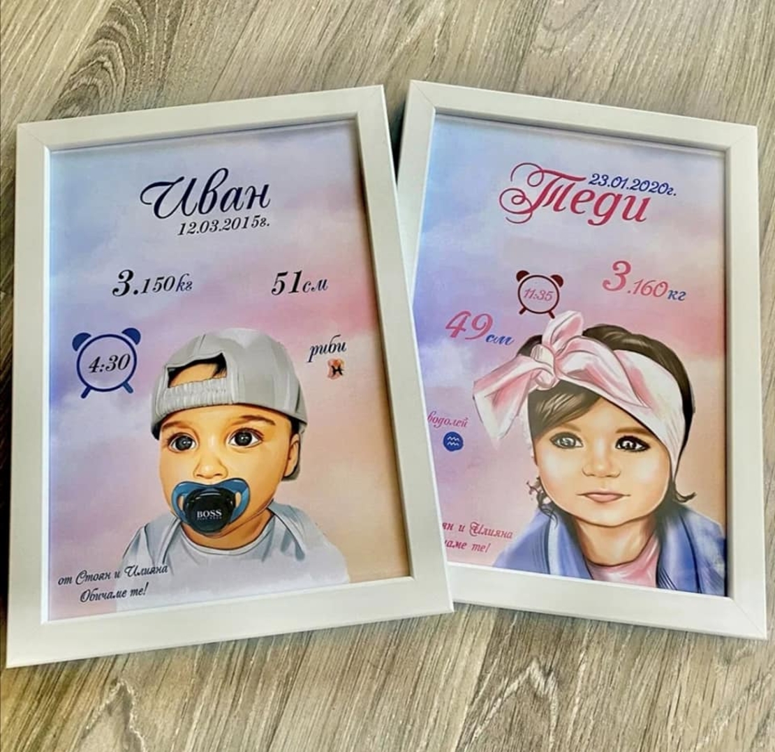 🖼 Персонализирана бебешка рамка с портрет и данни при раждане