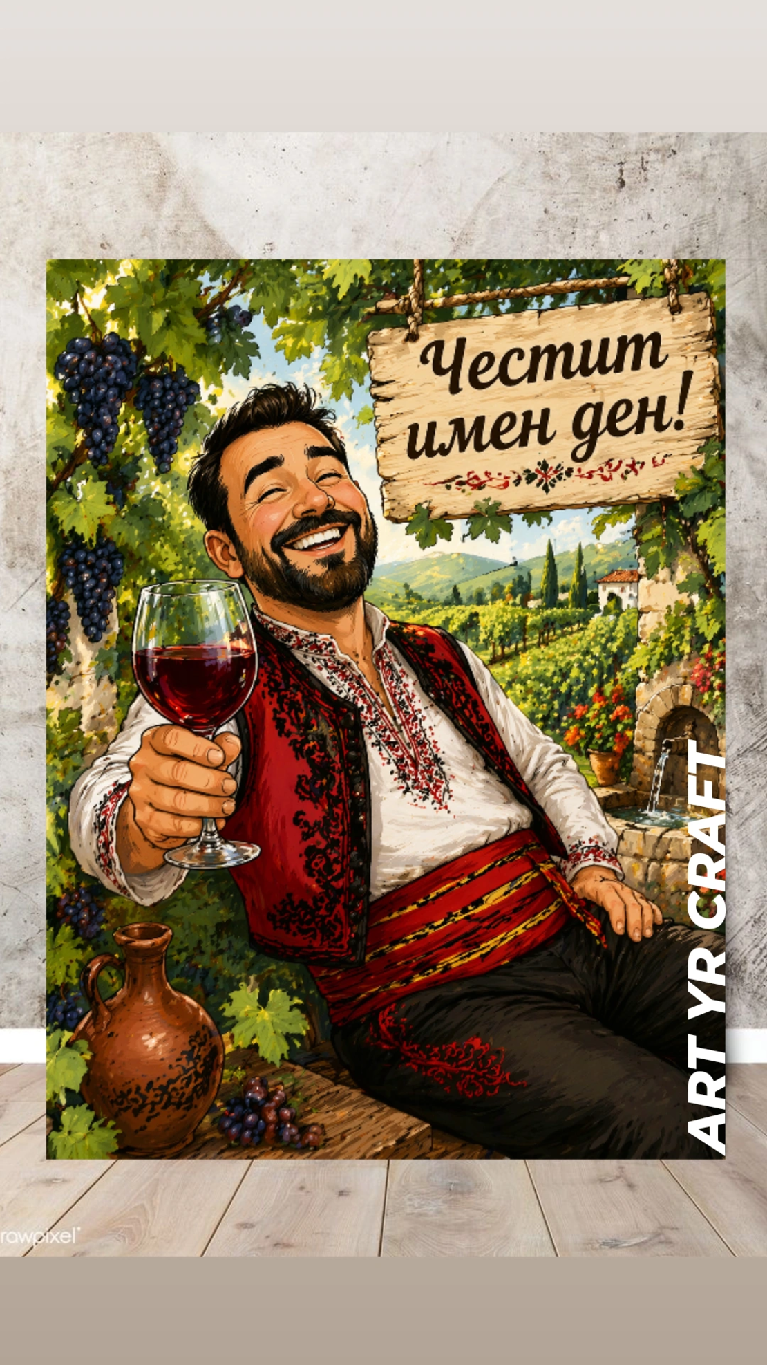🍷 Карикатура „Честит имен ден“ – персонализиран подарък