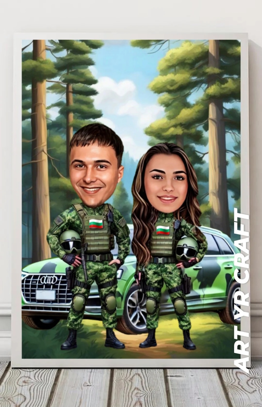 Персонализирана карикатура „Военна двойка“ – Сила, стил и любов в камуфлаж!