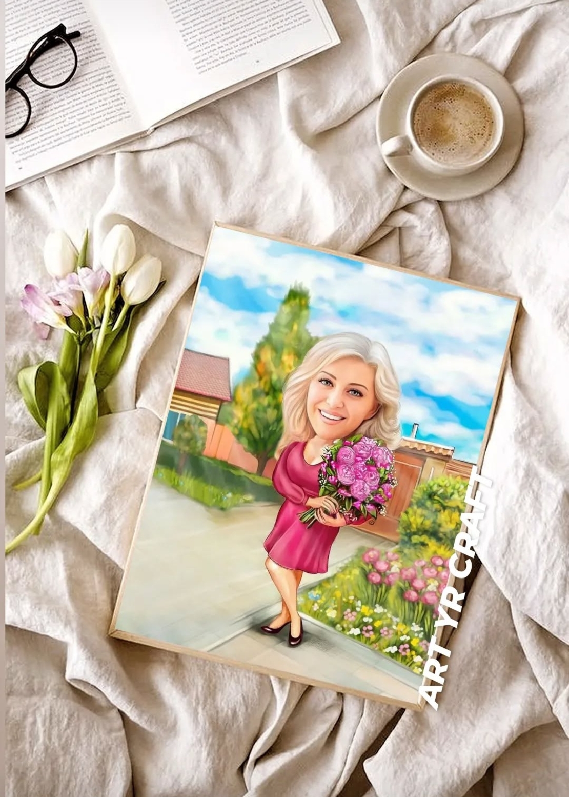 🌸 Персонализирана карикатура с букет – Цветна изненада за любим човек! 💐
