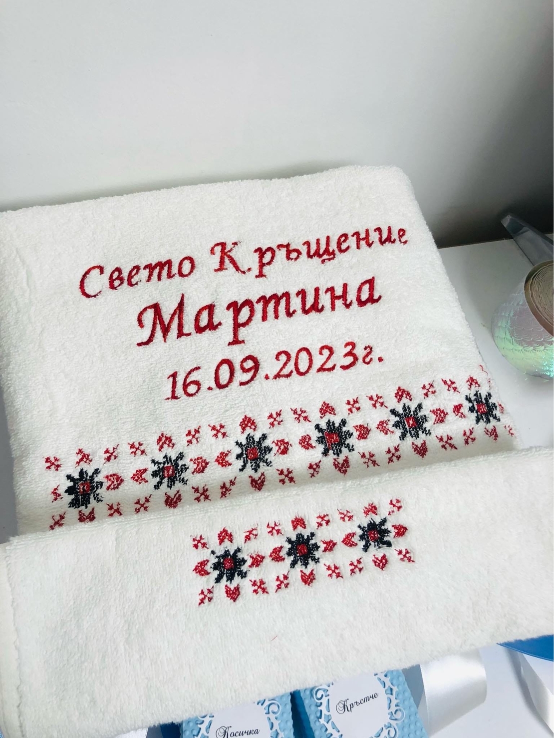 🌸 Луксозен комплект за Свето Кръщение в кошница – персонализиран с име и дата