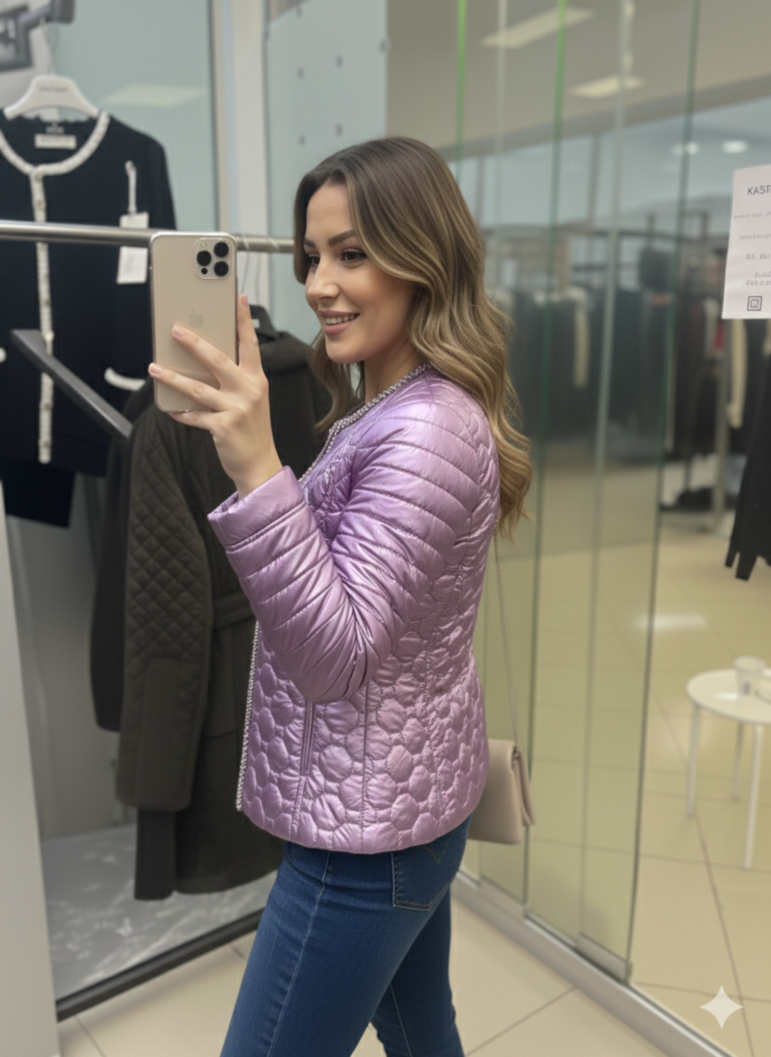 Пролетно яке с перли в металик лилаво