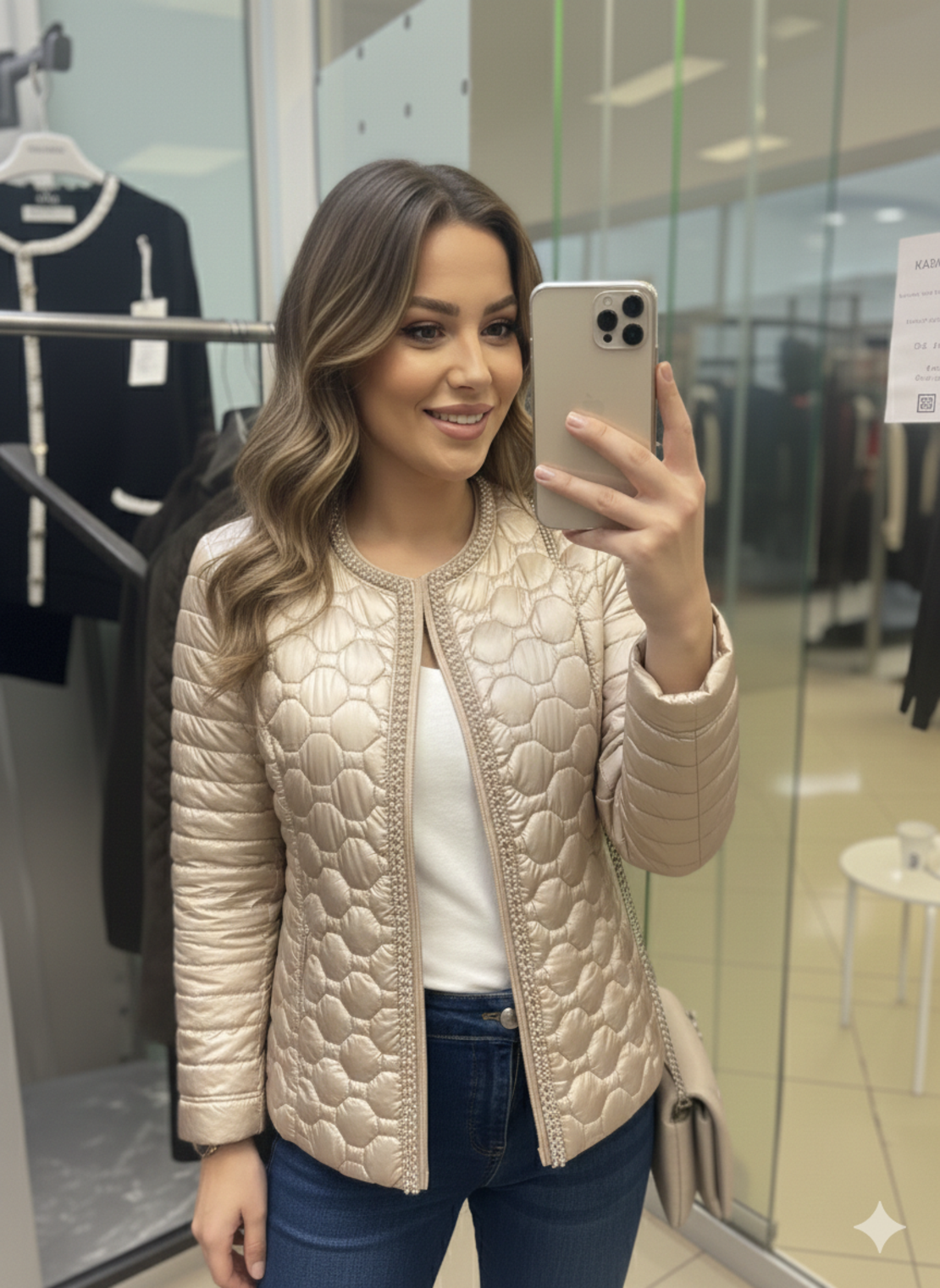 Пролетно яке с перли в бежово