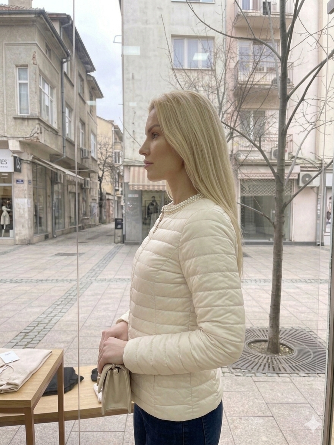 Дамско яке с перли в цвят Шампанско