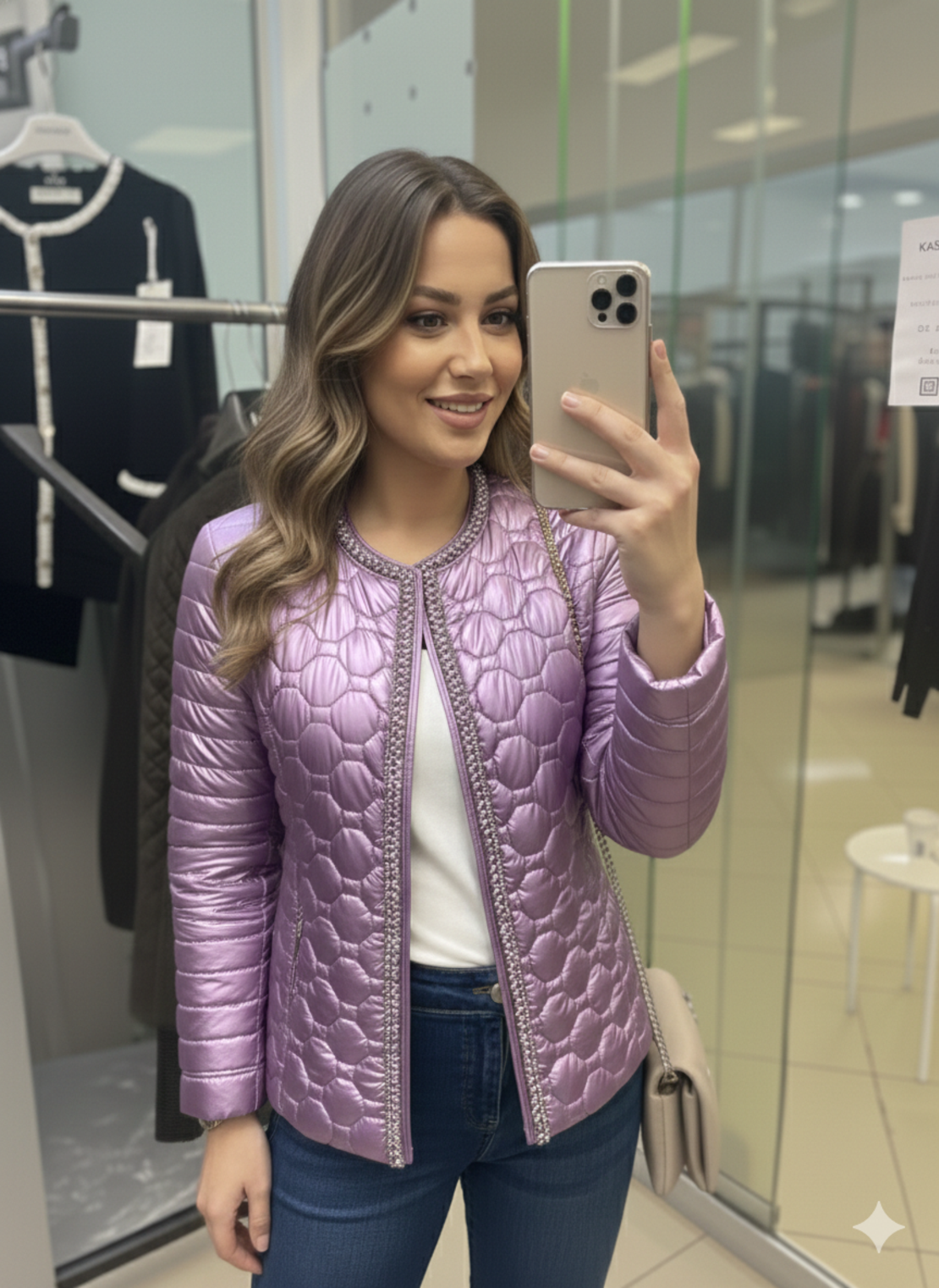 Пролетно яке с перли в металик лилаво