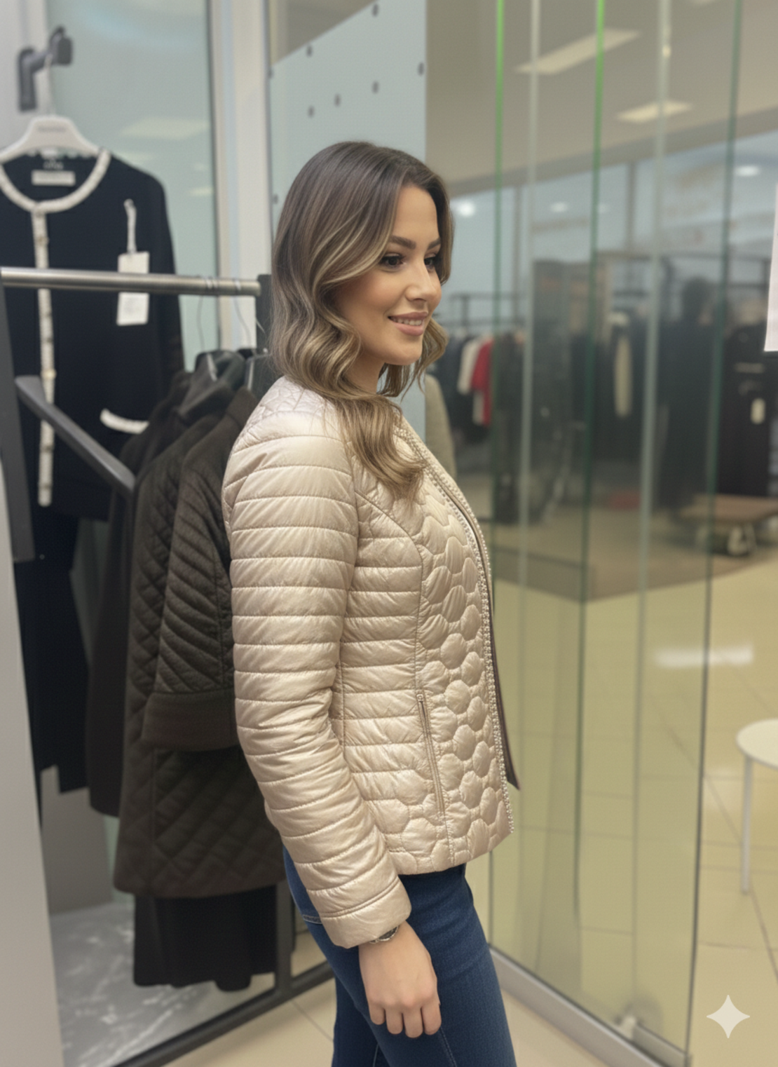 Пролетно яке с перли в бежово