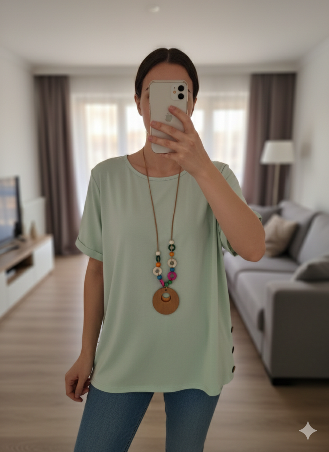 Дамска блуза с къс ръкав в зелено + аксесоар