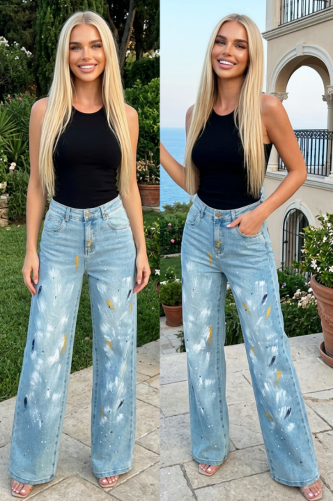 Дамски wide-leg дънки с висока талия и арт принт