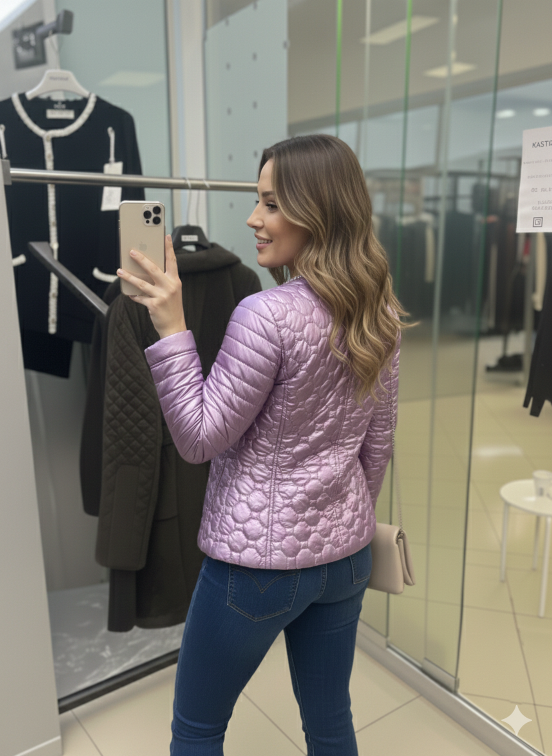 Пролетно яке с перли в металик лилаво