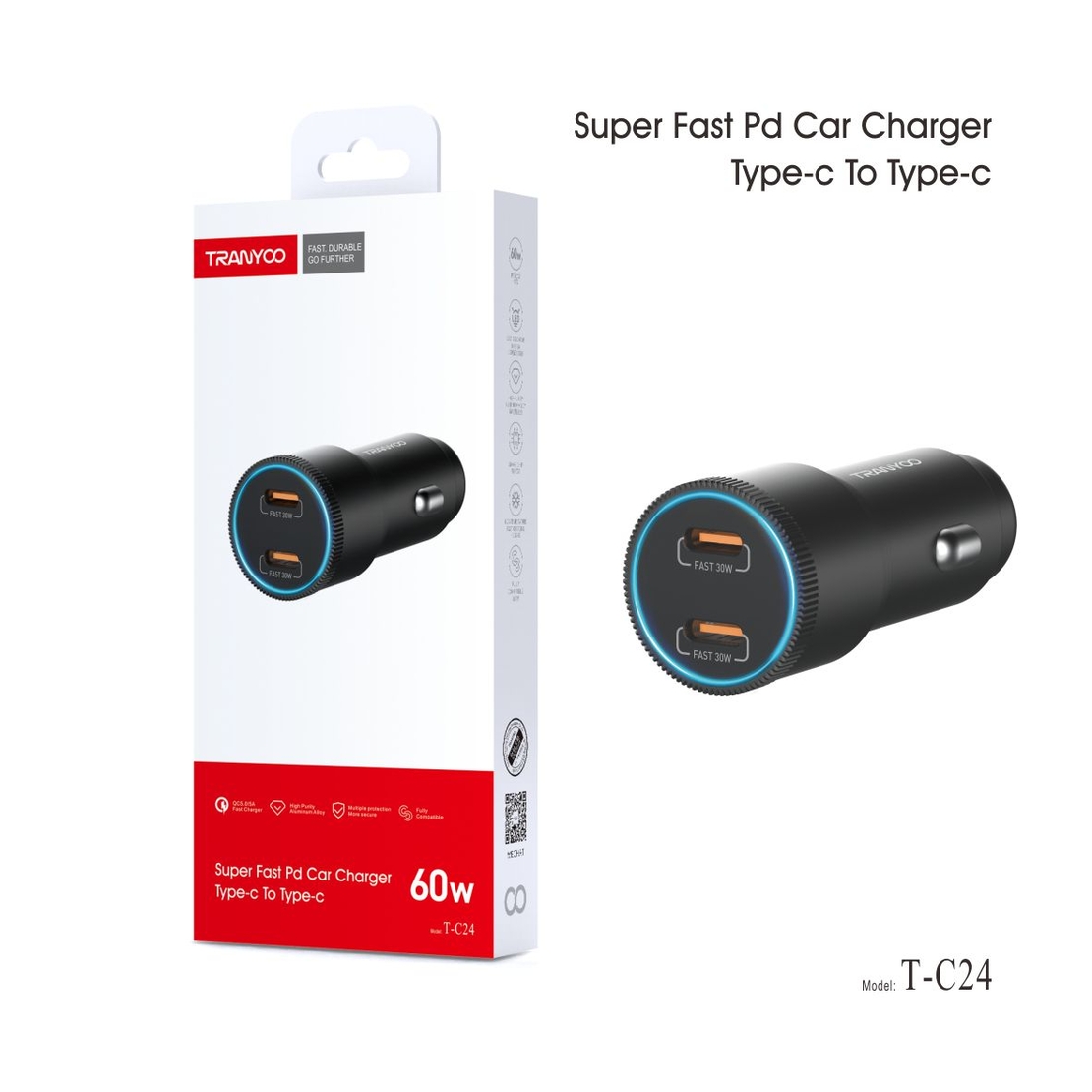 30W + 30W QC 5.0 Super Fast Charging Адаптер за автомобил с два PD входа TC-24