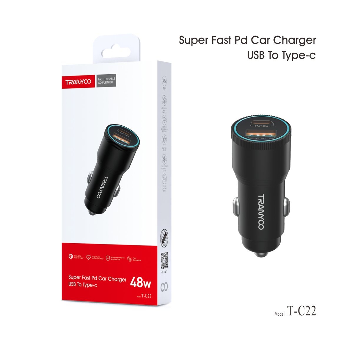 18W + 30W QC 5.0 Super Fast Charging Адаптер за автомобил с два входа ( PD+ USB A ) TC-22