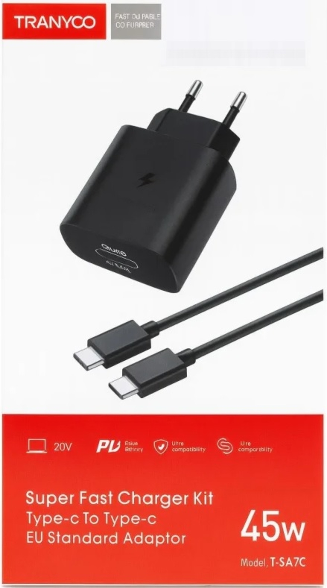 Tranyoo 45w T-SA7C Black супер бързо зарядно с кабел Type C - Type C Гаранция!