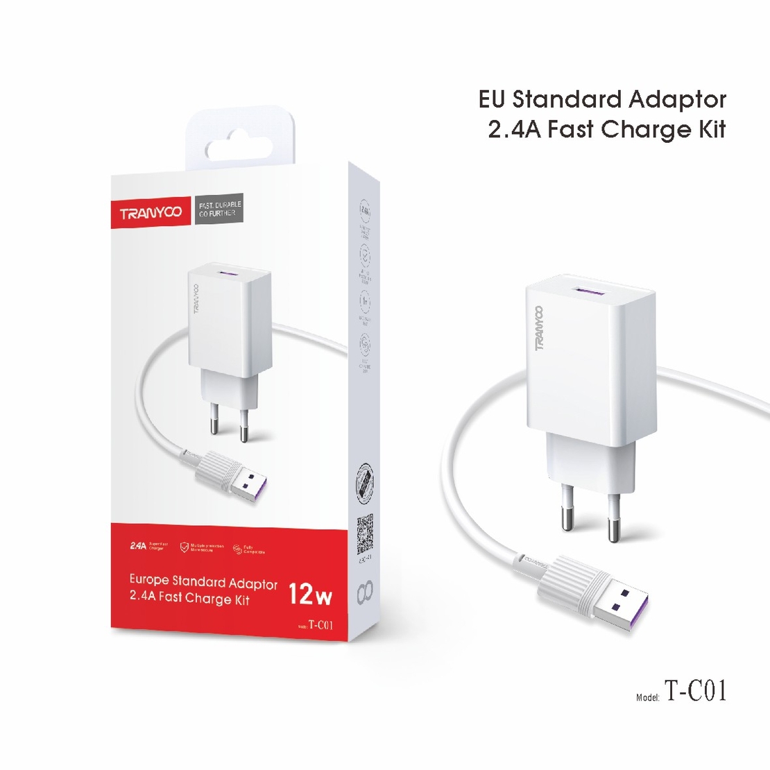 Комплект Fast Charge USB Адаптер 2.4а, 12w T-C01 TYPE C кабел