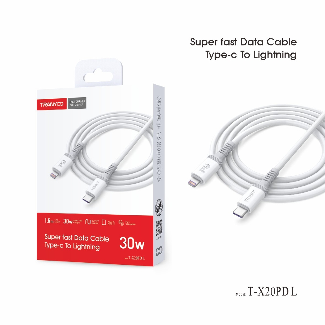 30w PD Super Fast Charging кабел Type C към Lightning с защита против пречупване T-X20