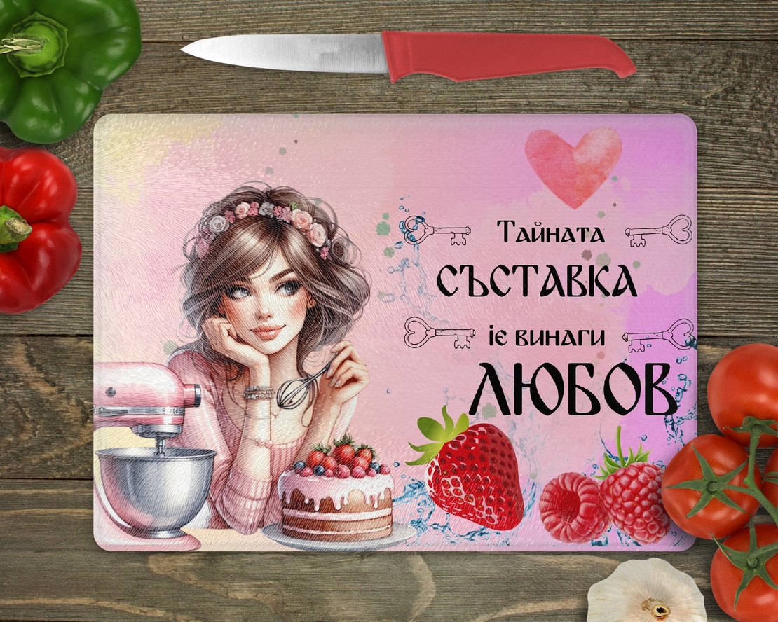 Стъклена дъска за рязане Тайната съставка е любов 3