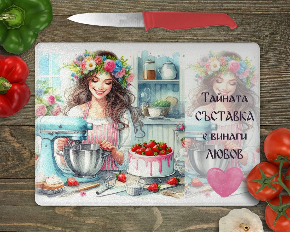 Стъклена дъска за рязане Тайната съставка е любов 11