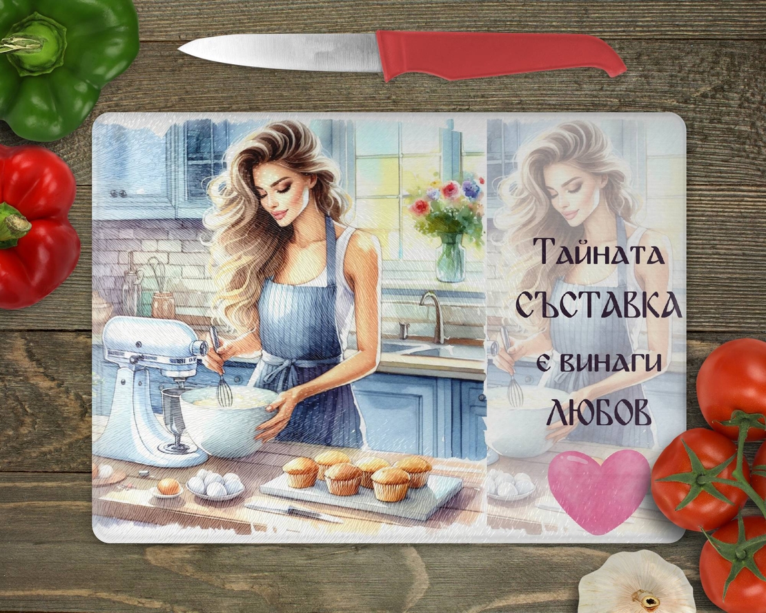 Стъклена дъска за рязане Тайната съставка е любов 8