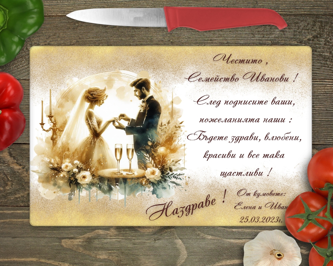 Стъклена дъска за рязане Младоженци 1