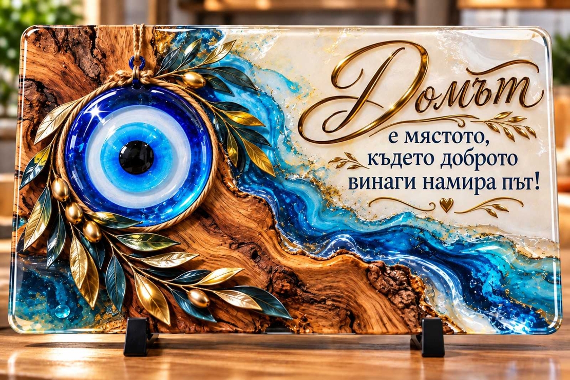 Стъклена дъска „Домът е мястото, където доброто винаги намира път“ – подарък за дома