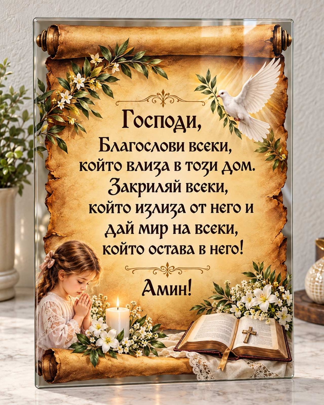 Стъклена дъска „Благословия за дома“ с молитва – християнски подарък