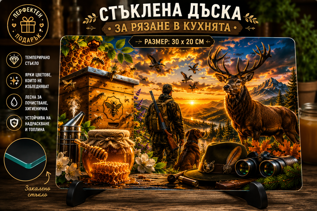Стъклена дъска за рязане Ловец и Пчелар | Персонализиран подарък за ловец | Темперирано стъкло 30x20 см
