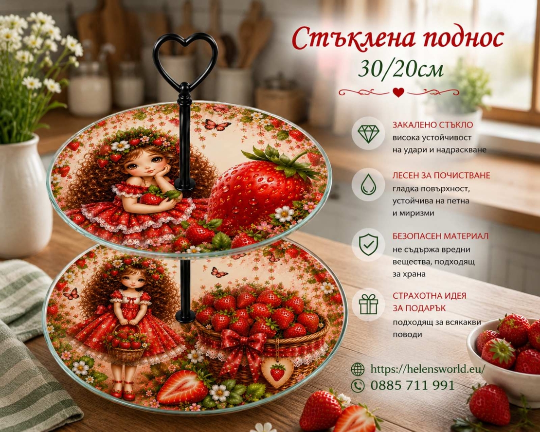 Персонализиран двуетажен стъклен поднос „Ягодоо момиче“ | Уникален подарък за рожден ден