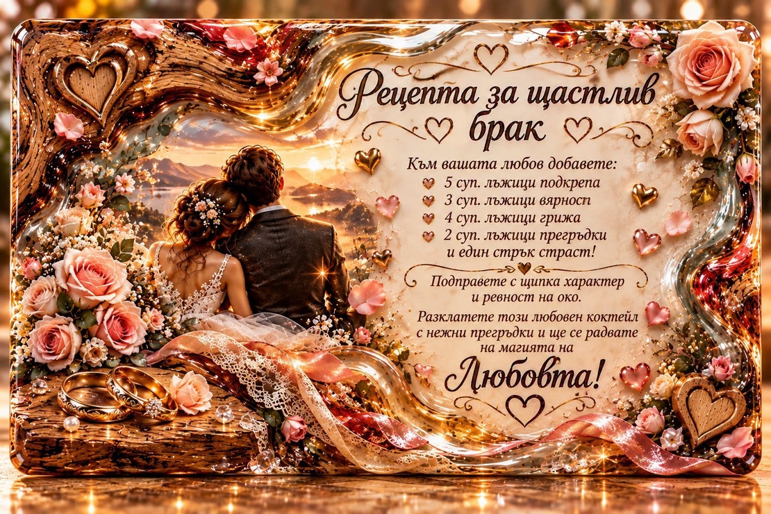 Стъклена дъска „Рецепта за щастлив брак“ – подарък за сватба