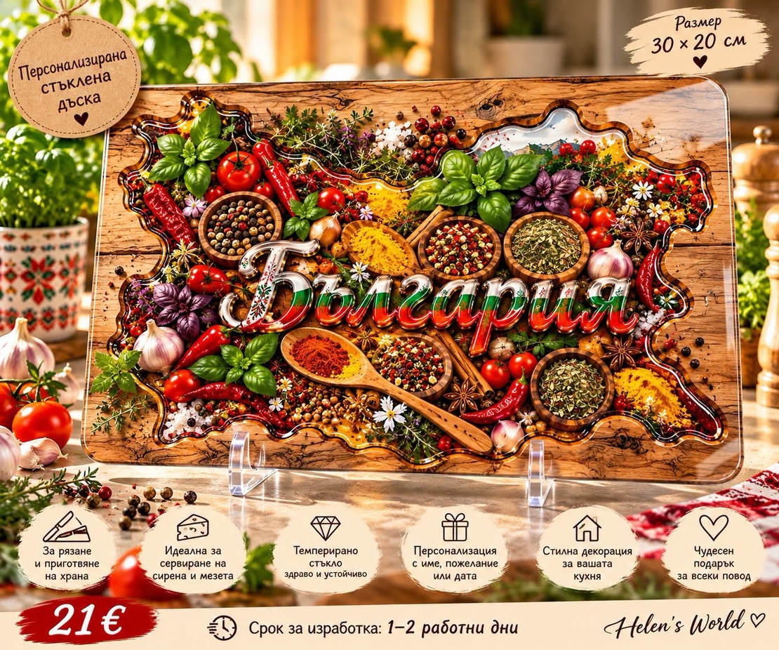 Персонализирана стъклена дъска „България“ с име и български мотиви 30×20 см