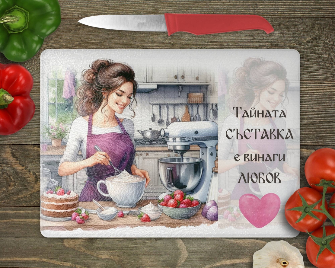 Стъклена дъска за рязане Тайната съставка е любов 5
