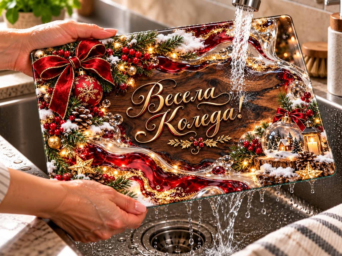 Коледна стъклена дъска „Весела Коледа“ – подарък за дома 30×20 см