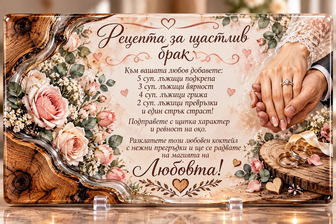 Стъклена дъска „Рецепта за щастлив брак“ – подарък за сватба