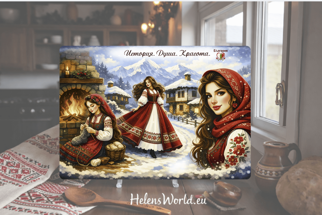 Стъклена персонализирана дъска за рязане Зимна Българка приказка