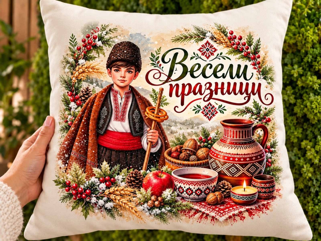 Коледна плюшена възглавница 40×40 см с български мотиви – Весели празници