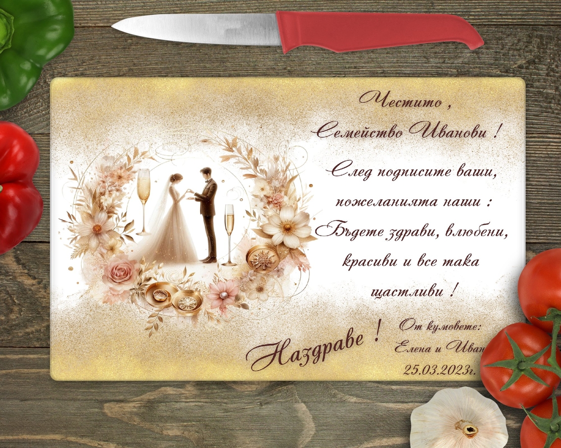 Стъклена дъска за рязане Младоженци 3