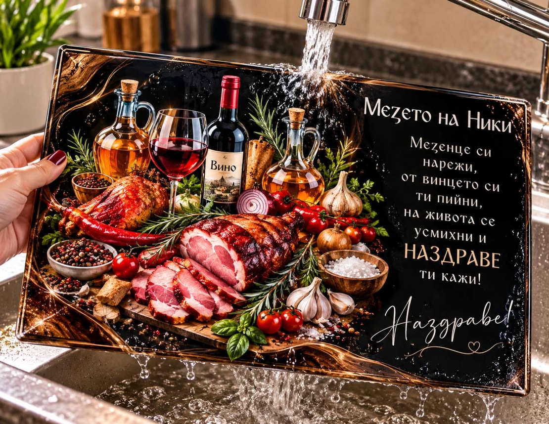 Стъклена дъска за мезе с име „Мезето на Ники“ – подарък за мъж