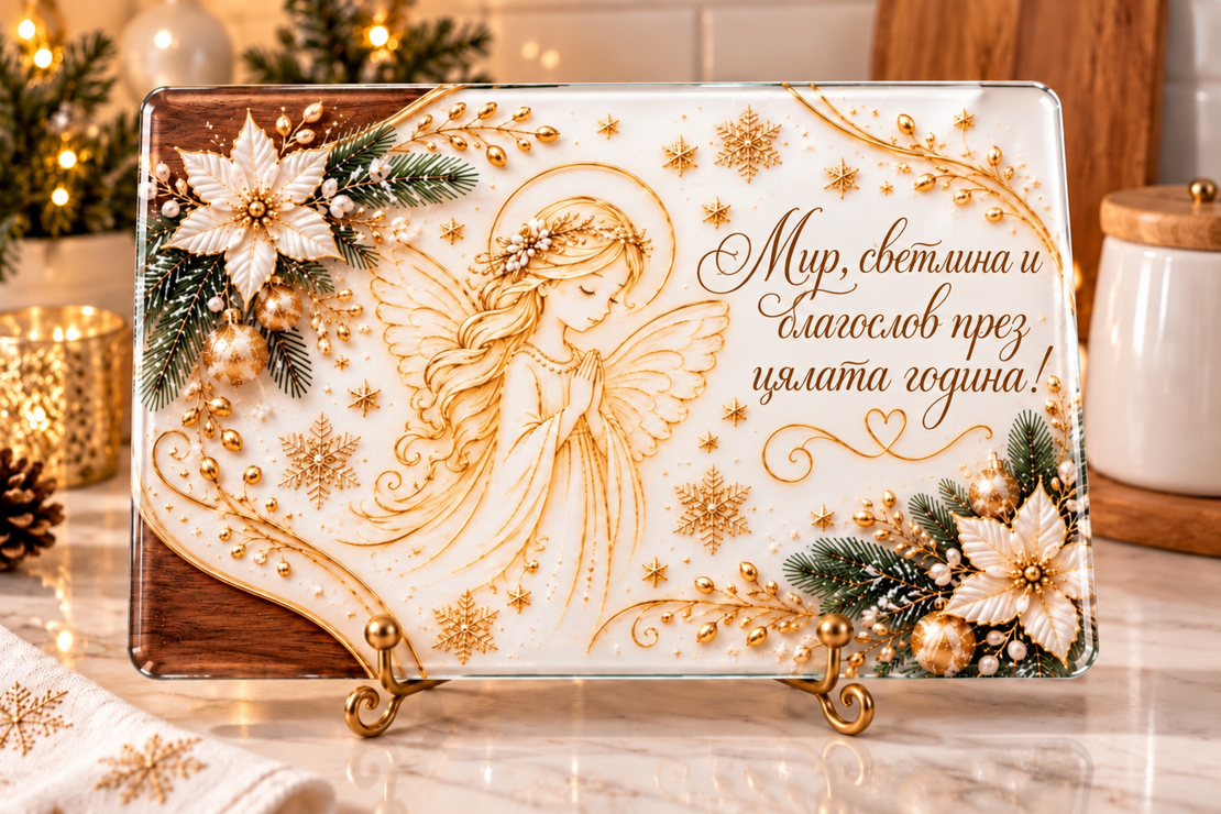 Коледна стъклена дъска за рязане с ангел и благослов