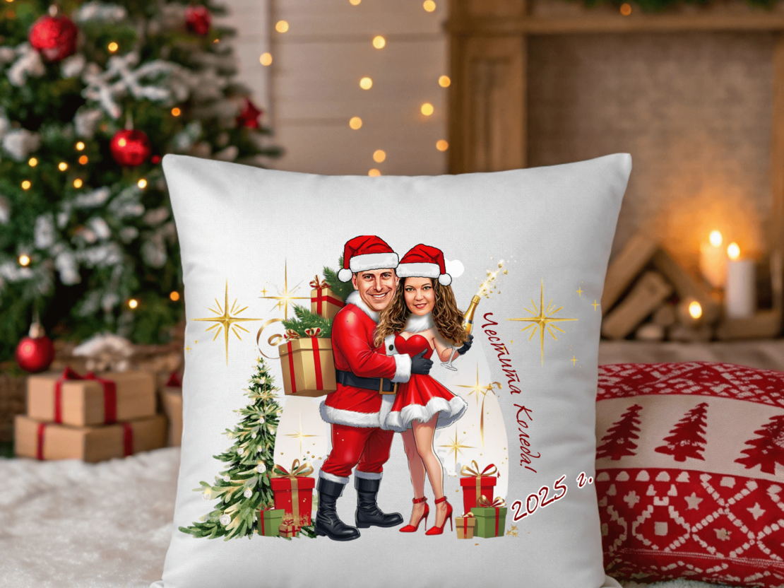 Персонализирана възглавничка Каркатура двойка Дядо Коледа и Снежанка 1