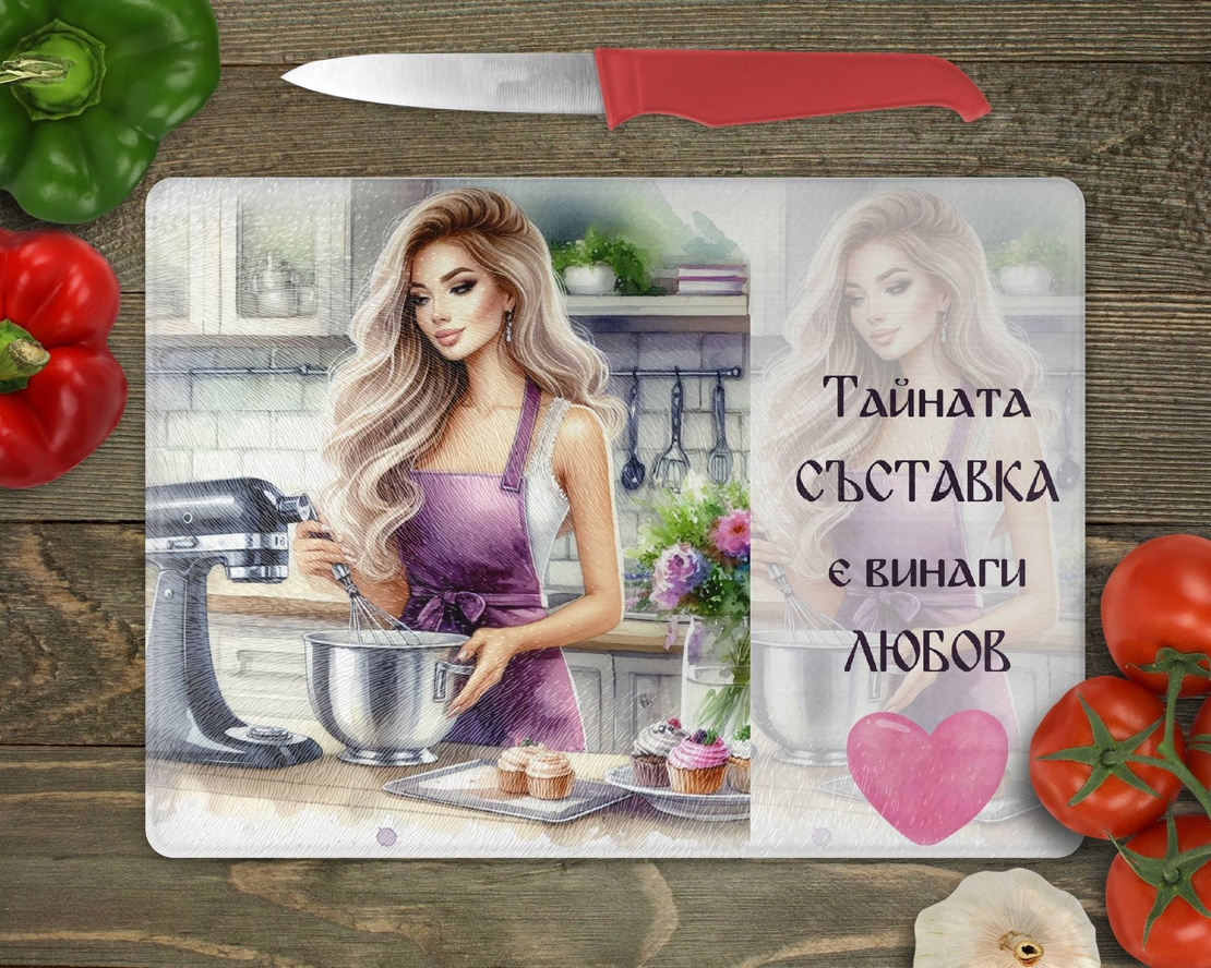 Стъклена дъска за рязане Тайната съставка е любов 6