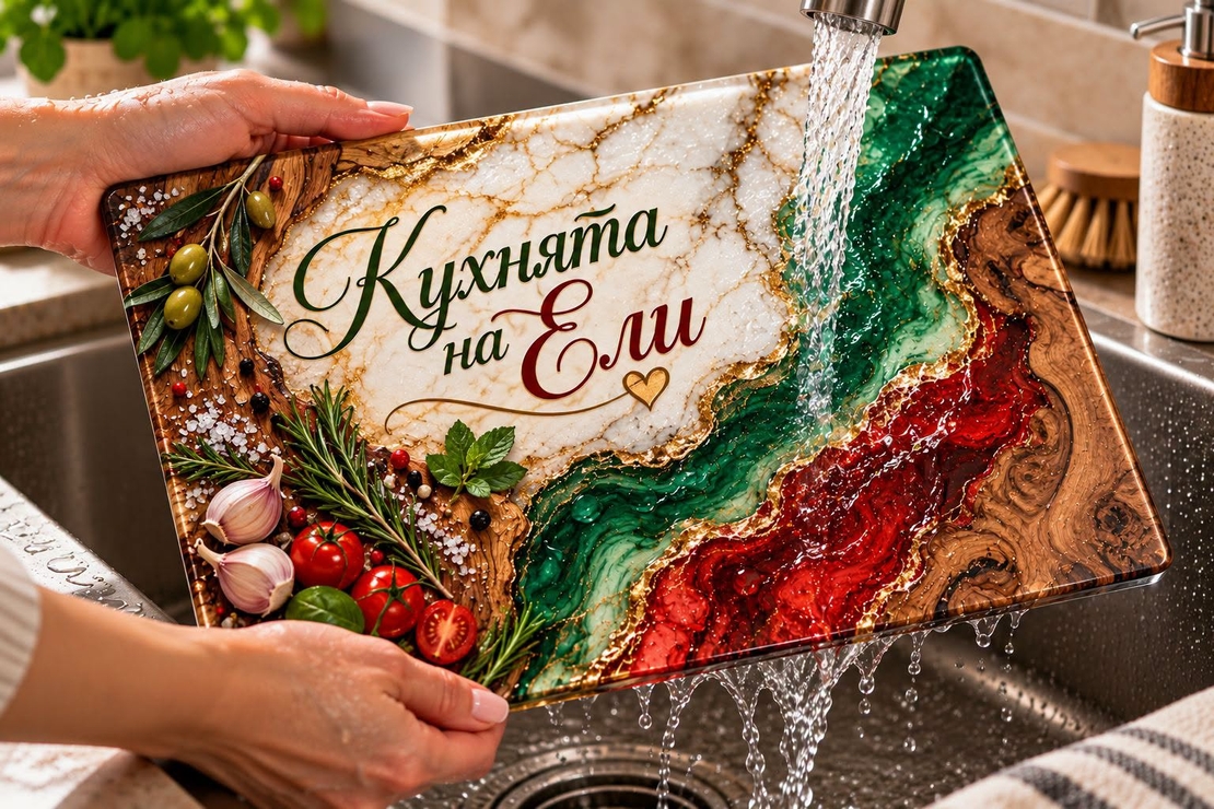 Стъклена дъска за рязане „Кухнята на Ели“ – персонализиран подарък за кухня