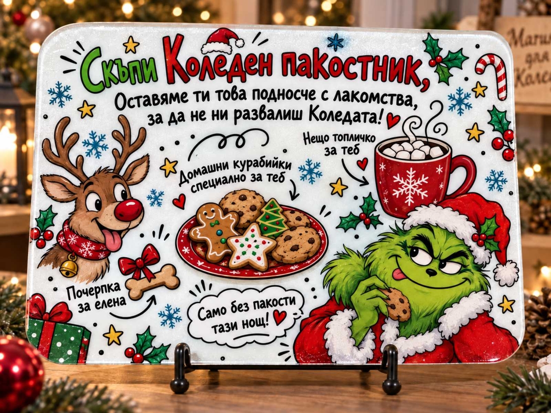 Персонализирана коледна стъклена дъска „Скъпи коледен пакостник“  Гринч