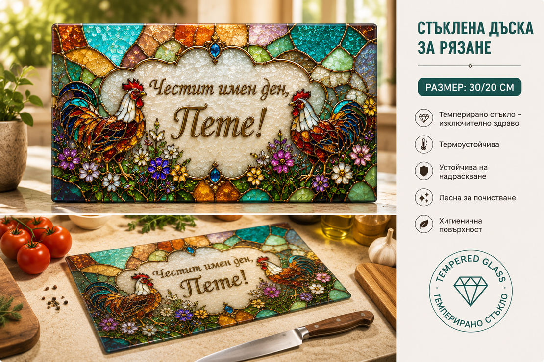 Стъклена персонализирана дъска  Имен ден, Рожден ден Петров ден