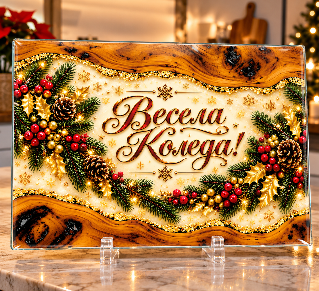 Персонализирана коледна стъклена дъска с име – Весела Коледа