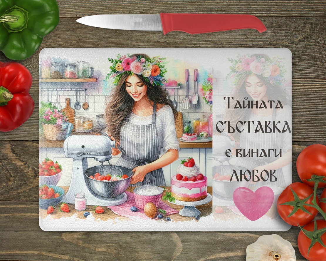 Стъклена дъска за рязане Тайната съставка е любов 4