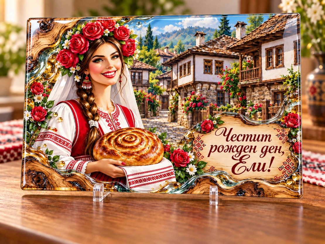 Персонализирана стъклена дъска „Честит рожден ден“ с име – български мотиви