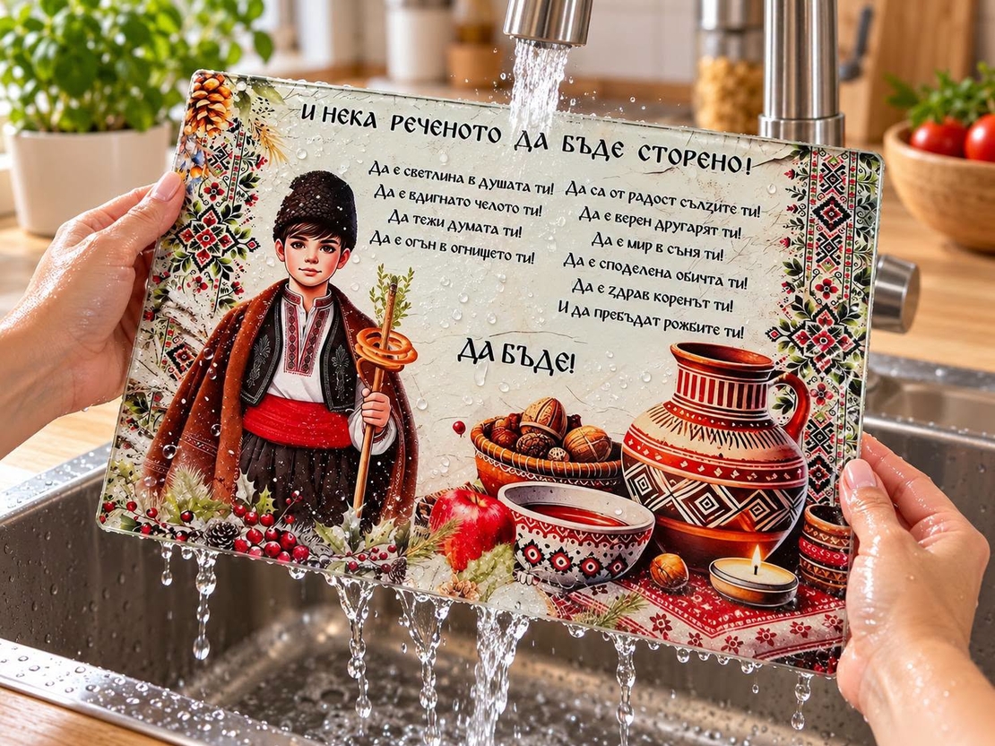 Стъклена дъска за рязане с българска благословия „И нека реченото да бъде сторено!“
