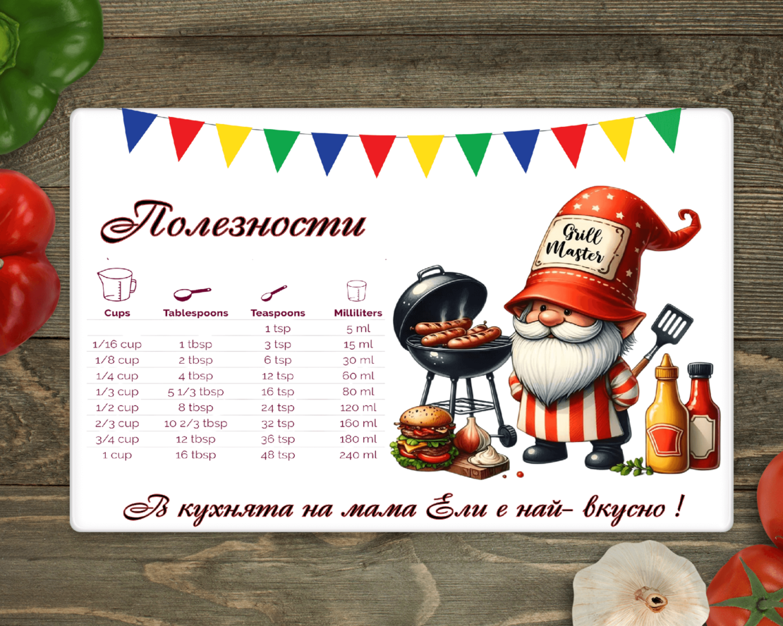 Стъклена дъска за рязане, мерки гном