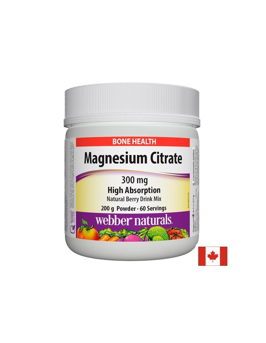 Magnesium Citrate - Магнезий цитрат с висока абсорбация 300 mg, 200 g прах с вкус на горски плодове Webber Naturals