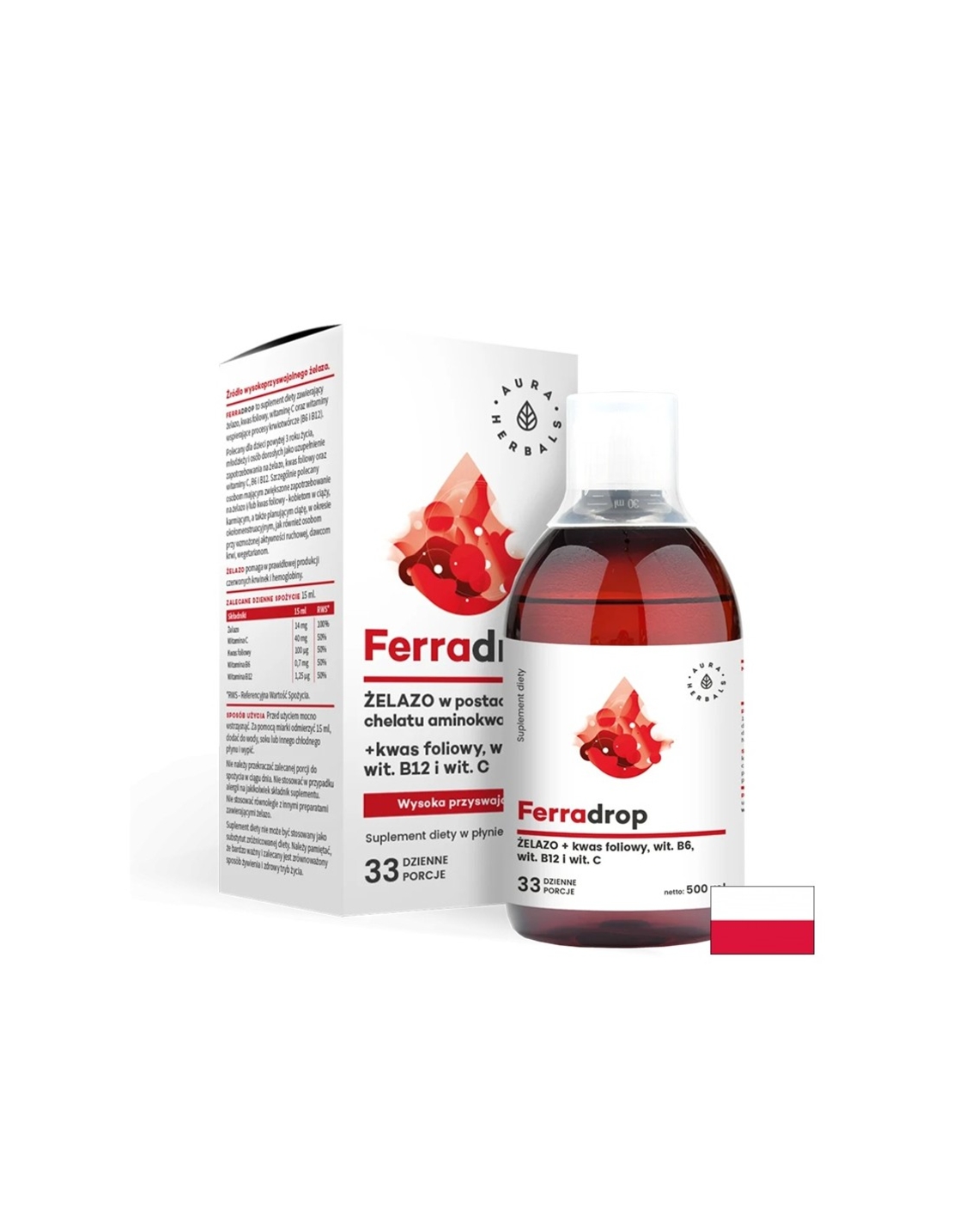 Желязо + фолиева киселина с витамини С, В6, В12, 500 ml Aura Herbals